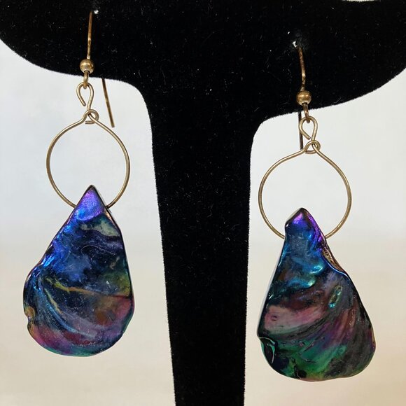 Iridescent Hoop Earrings Blue Green Purple Shell Hand Crafted Dangle Pierced New - Picture 4 of 7